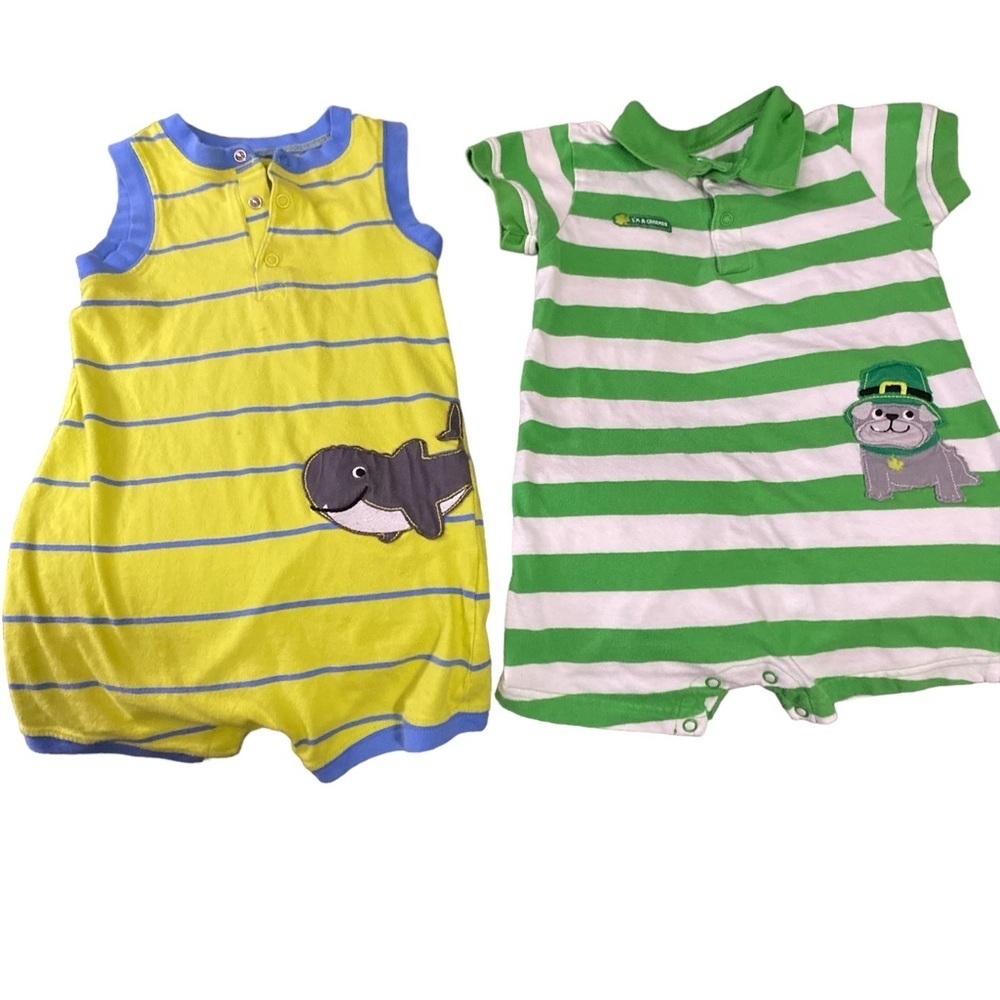 Carters child of mine 100% cotton knit rompers snapped at crotch stripes…